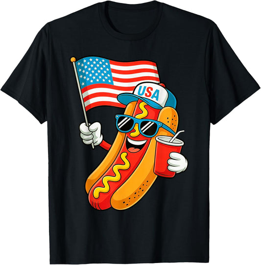 4th of July Hotdog Funny Fourth of July Patriotic USA Flag T-Shirt - T-Shirt | Black