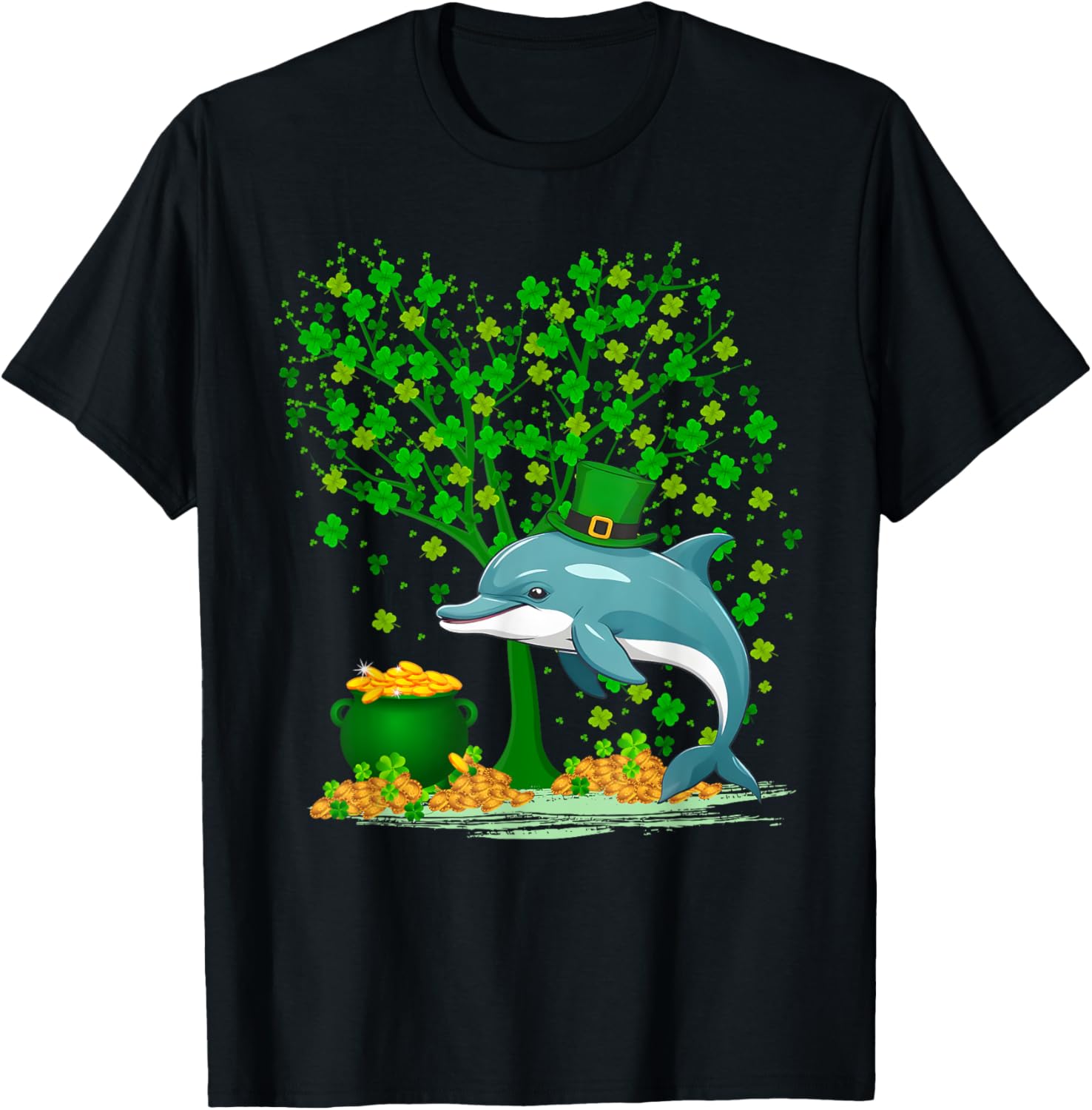 Shamrock Tree Leprechaun Hat Dolphin St Patrick's Day T-Shirt - T-Shirt | Black