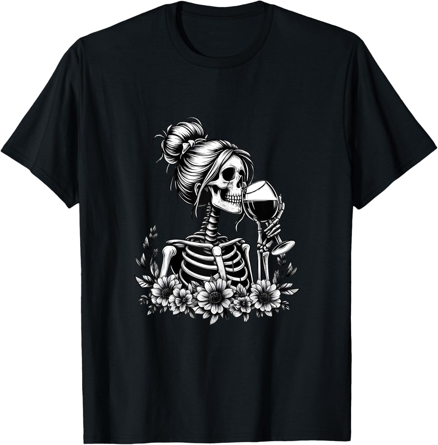 Female Skeleton Wine Drinking Messy Bun Vintage Halloween T-Shirt - T-Shirt | Black