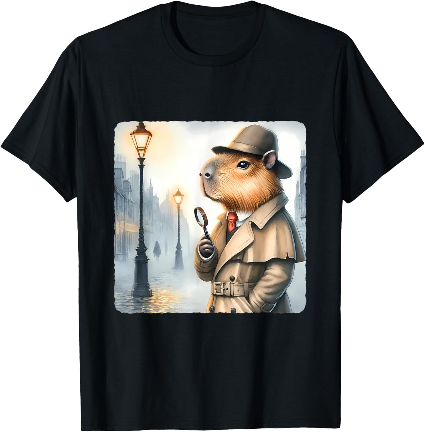 Capybara Detective With Magnifying Glass. Trench Coat Hat T-Shirt - T-Shirt | Black