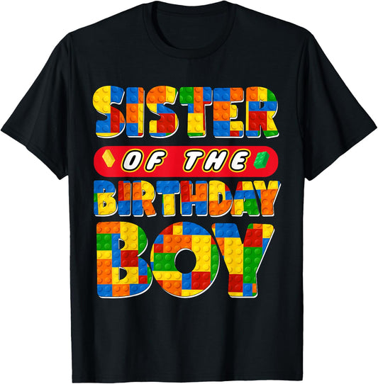 Sister Birthday Boy Building Bricks Family Party Decoration T-Shirt - T-Shirt | Black