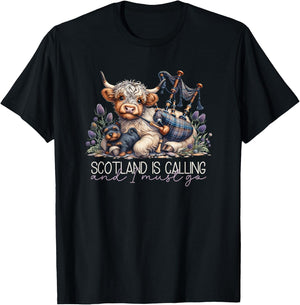 Scotland is Calling Scottish Highland Cow Bagpipes & Thistle T-Shirt - T-Shirt | Black