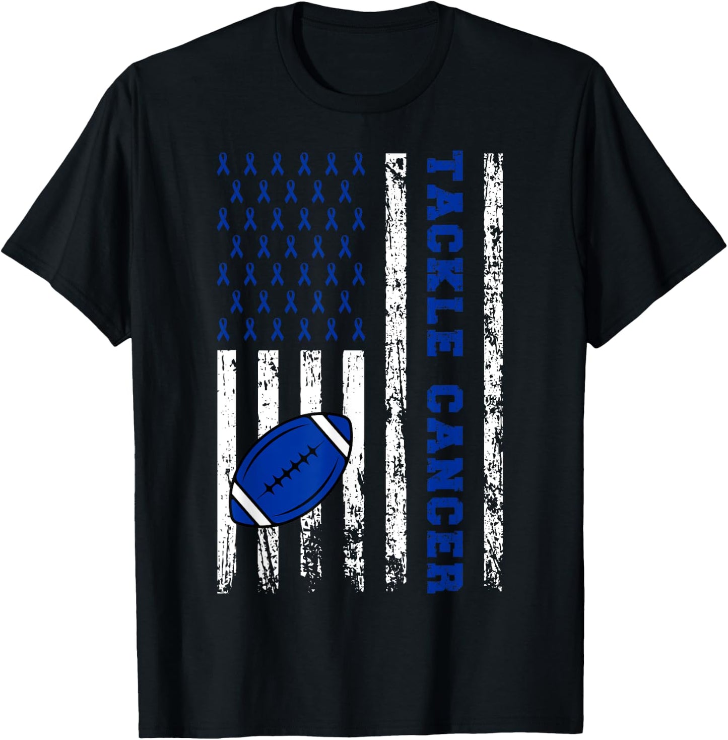 Tackle Football Dark Blue Ribbon Colon Cancer Awareness Kid T-Shirt - T-Shirt | Black