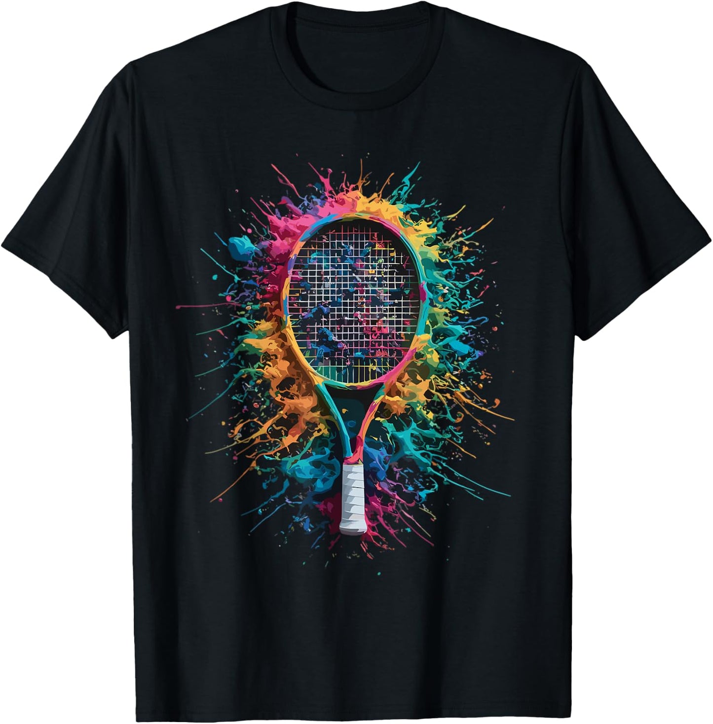 Colorful Paint Splash Tennis Racket Art Graphic T-Shirt - T-Shirt | Black