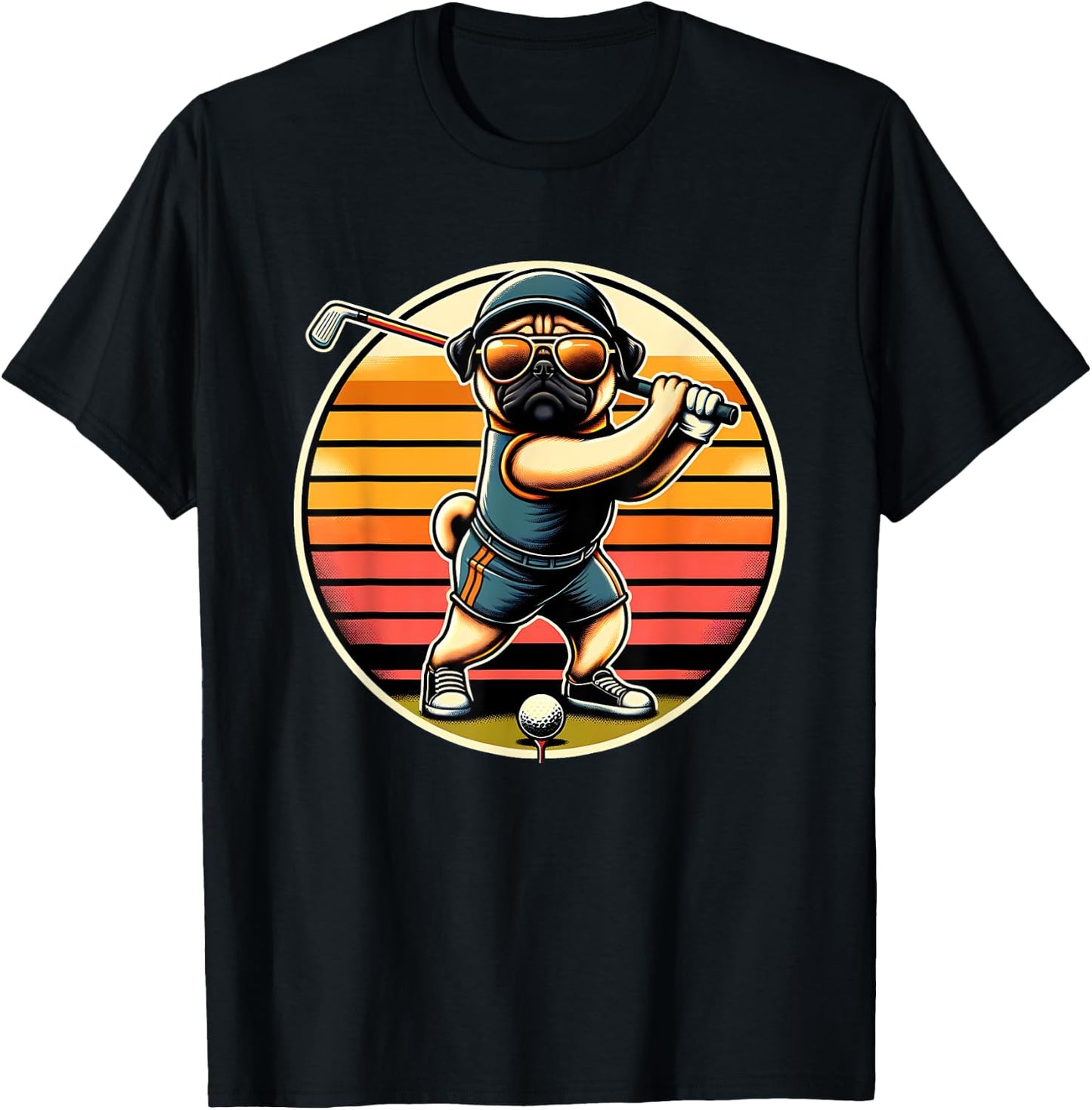 Pug Dog Golfer With Sunglasses Funny Golfing Art Men Women Kids T-Shirt - T-Shirt | Black