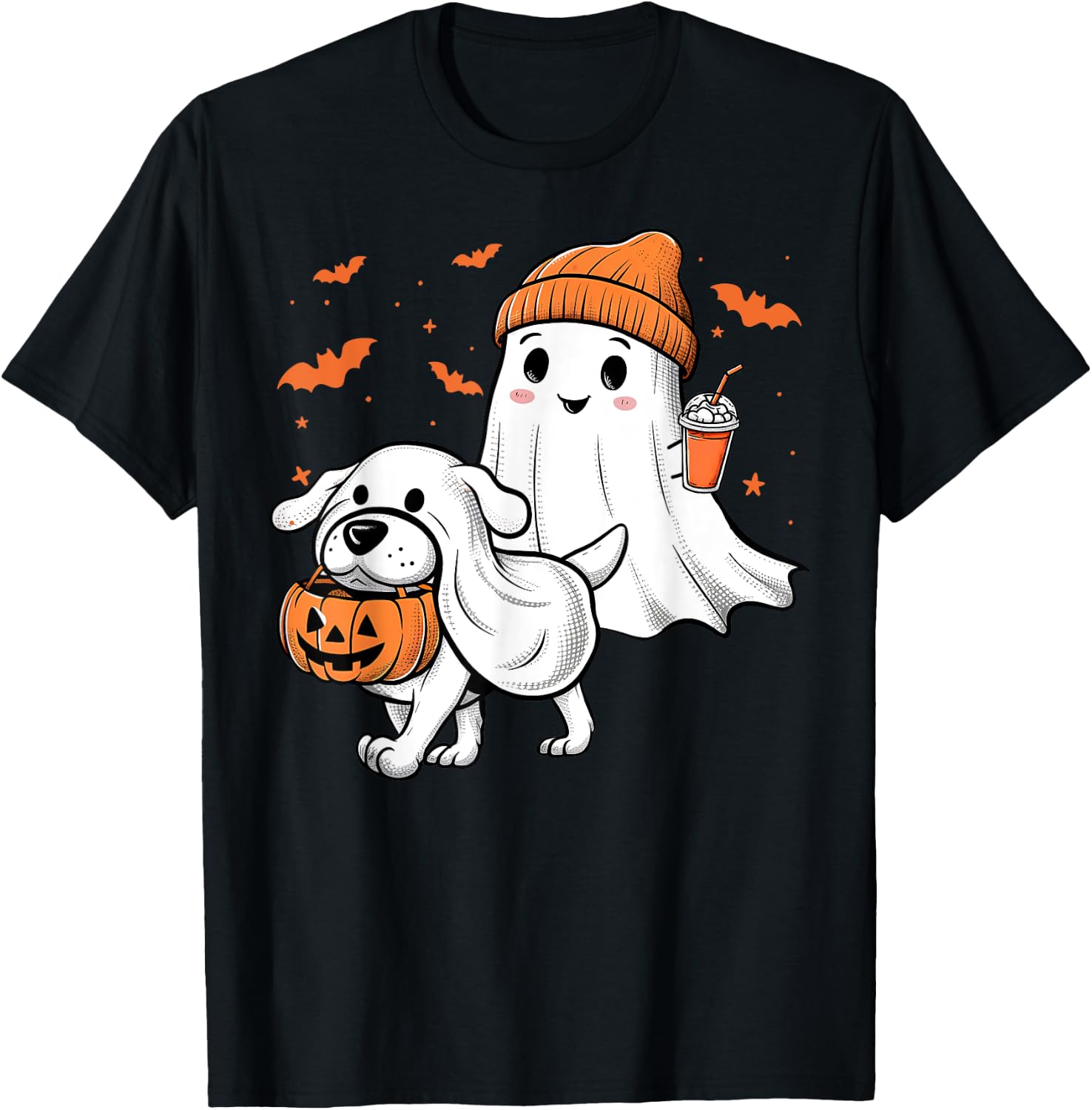 Cute Ghost Walking Dog Coquette Bow Halloween Dog Lover Girl T-Shirt - T-Shirt | Black