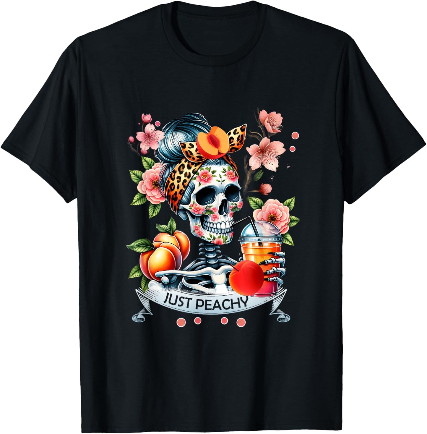 Floral Just-Peachy Skeleton Drink Badana Leopard Humor T-Shirt - T-Shirt | Black