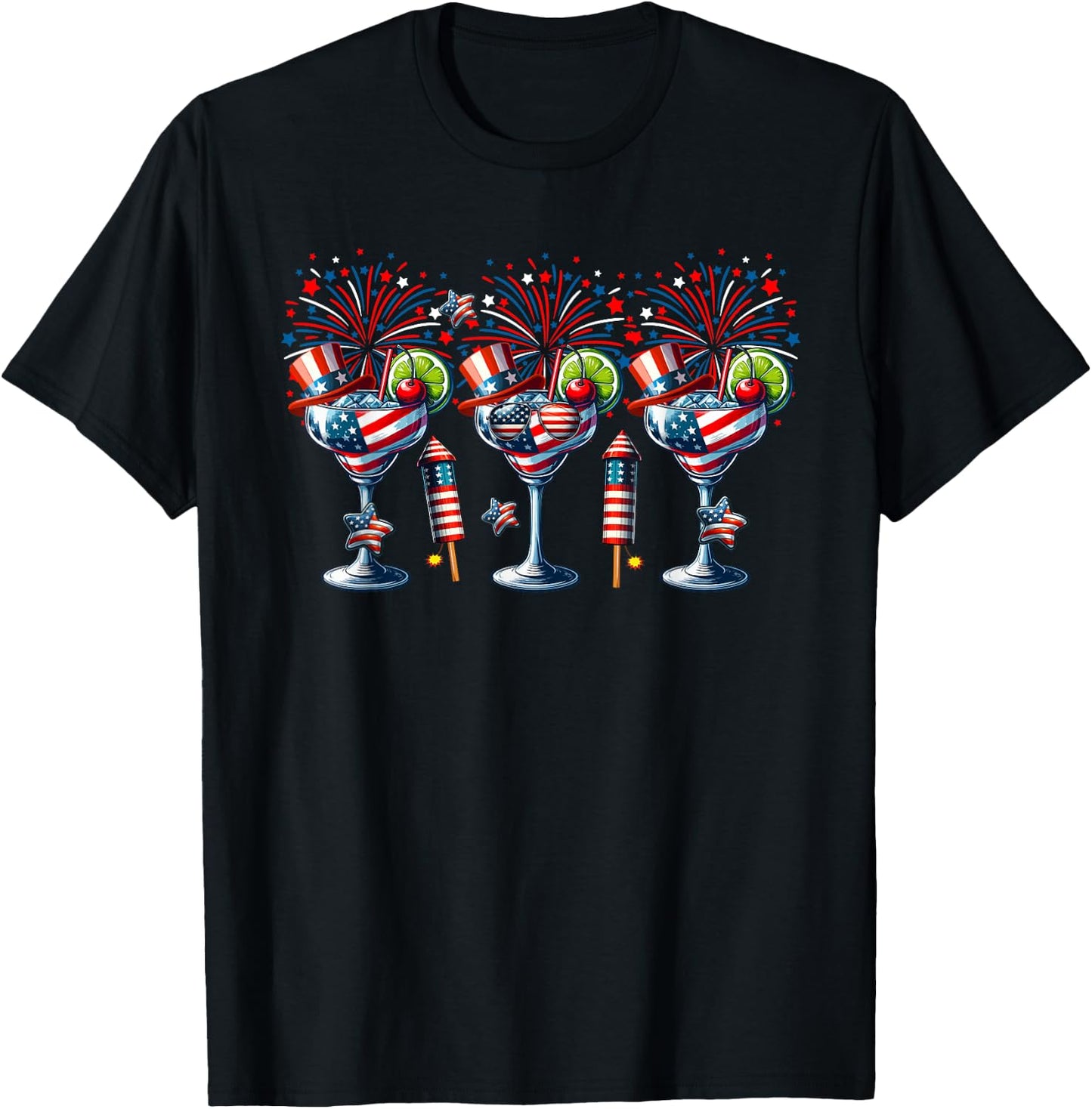 Three Glasses Of Cocktail Funny Drinker Patriotic 4th July Women Men T-Shirt - T-Shirt | Black