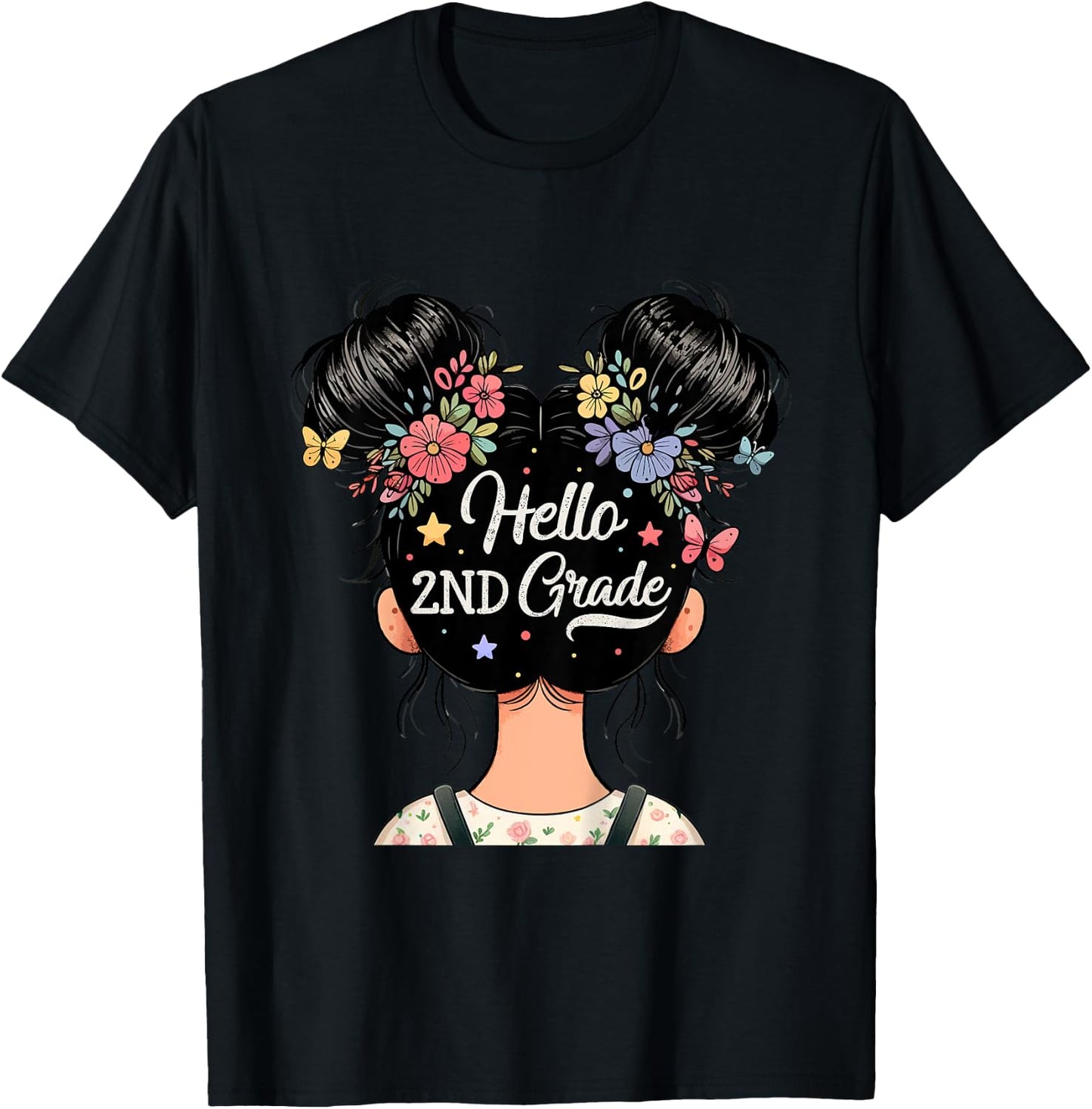Kids Hello 2nd Grade Messy Hair Bun Girl Back To School Kids T-Shirt - T-Shirt | Black