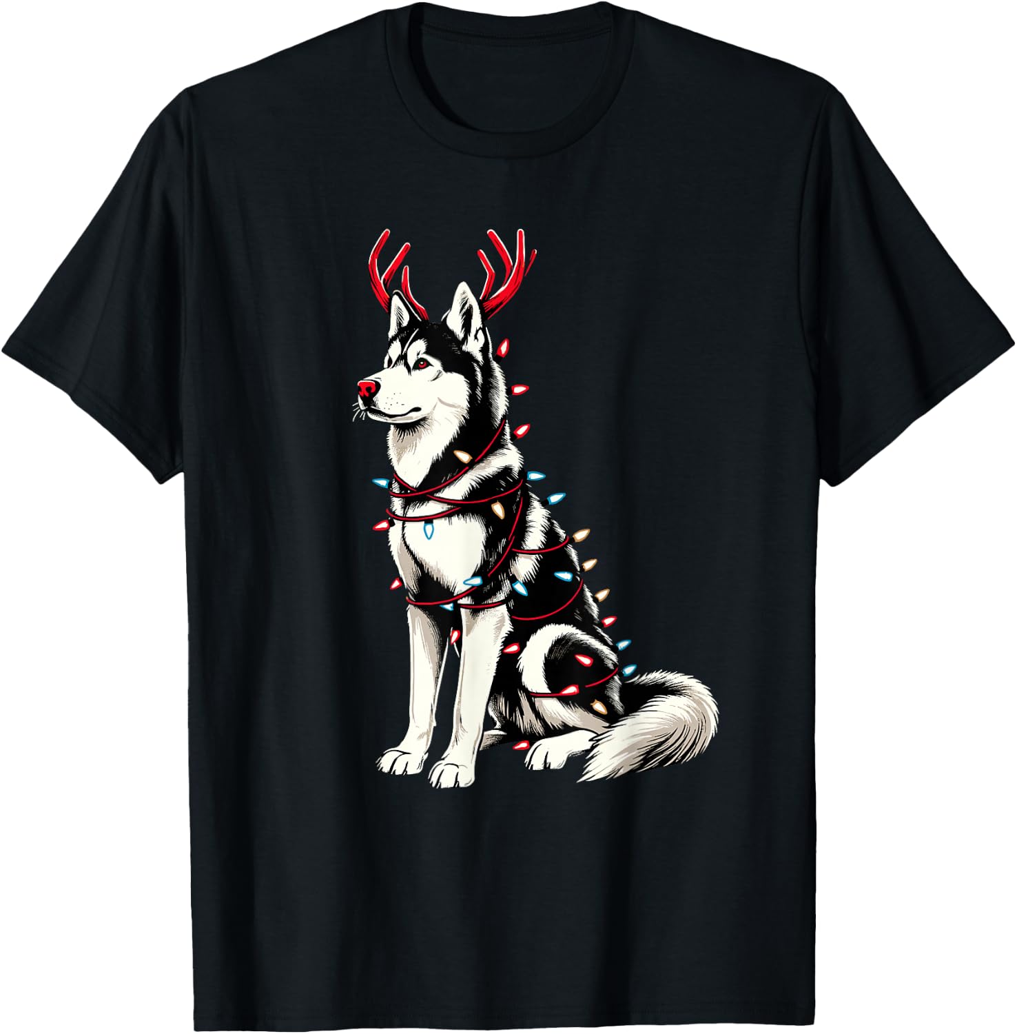 Siberian Husky Santa Christmas Lights Pajama, Merry Wolfmas T-Shirt - T-Shirt | Black