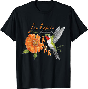 Hummingbird Orange Ribbon Sunflower Daisy Leukemia Awareness T-Shirt - T-Shirt | Black
