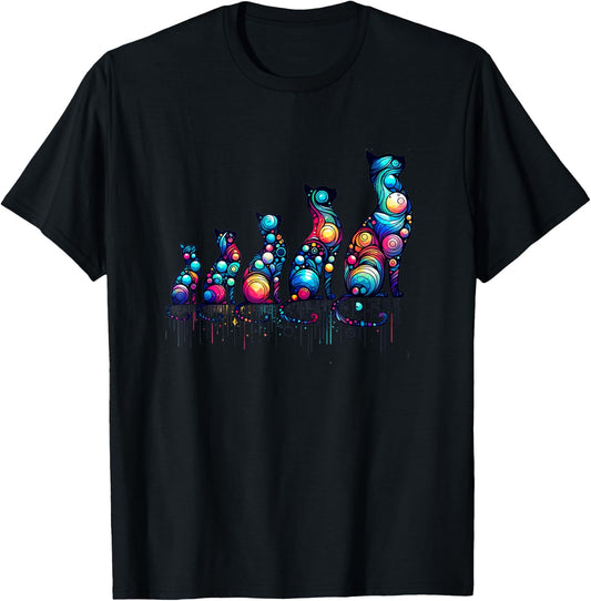 80s Colorful Kitten Lover Artwork Decor Cute Art Cat T-Shirt - T-Shirt | Black