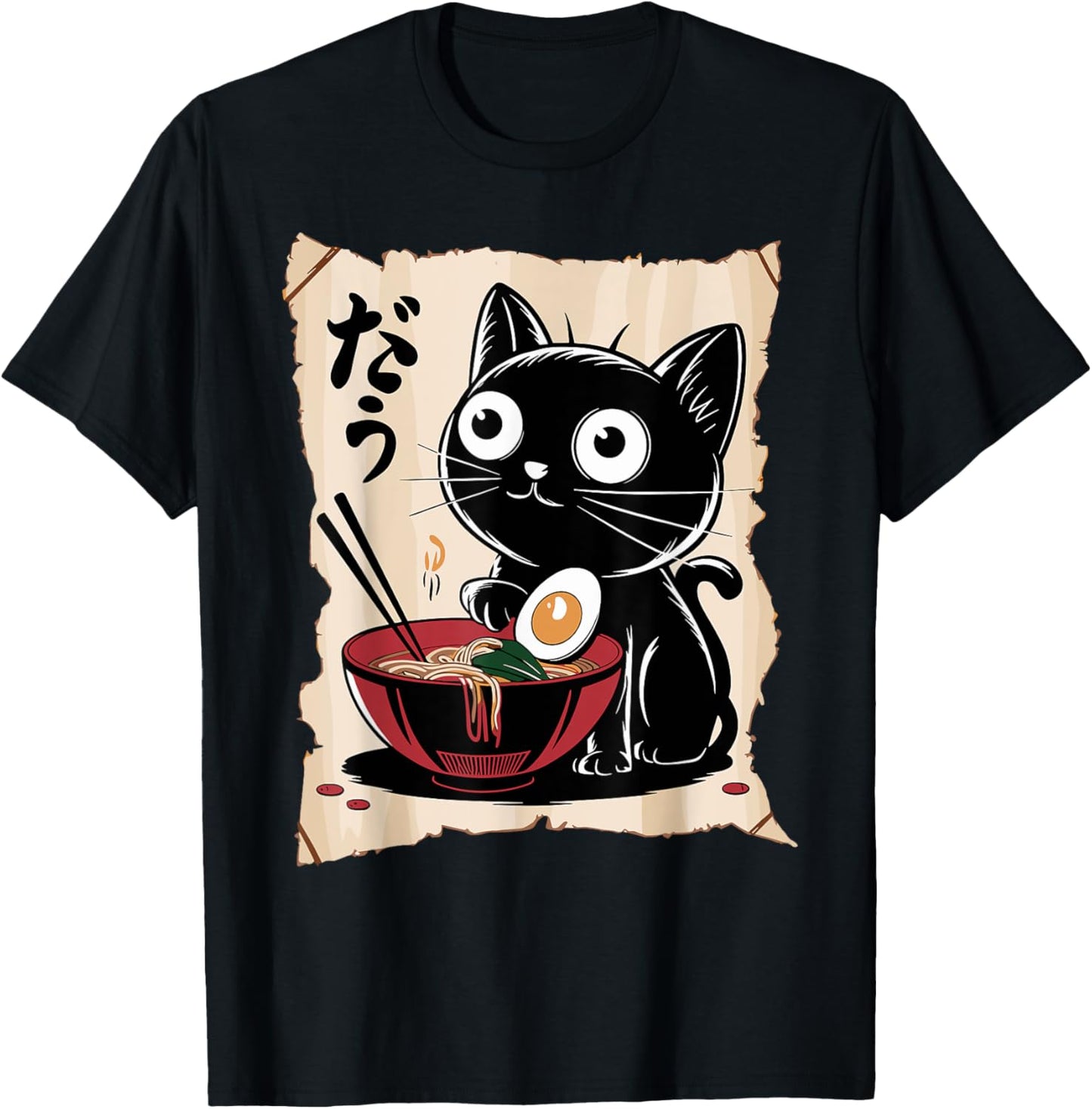 Funny Cat Ramen Noodle Japanese Kawaii Anime Otaku Style T-Shirt - T-Shirt | Black
