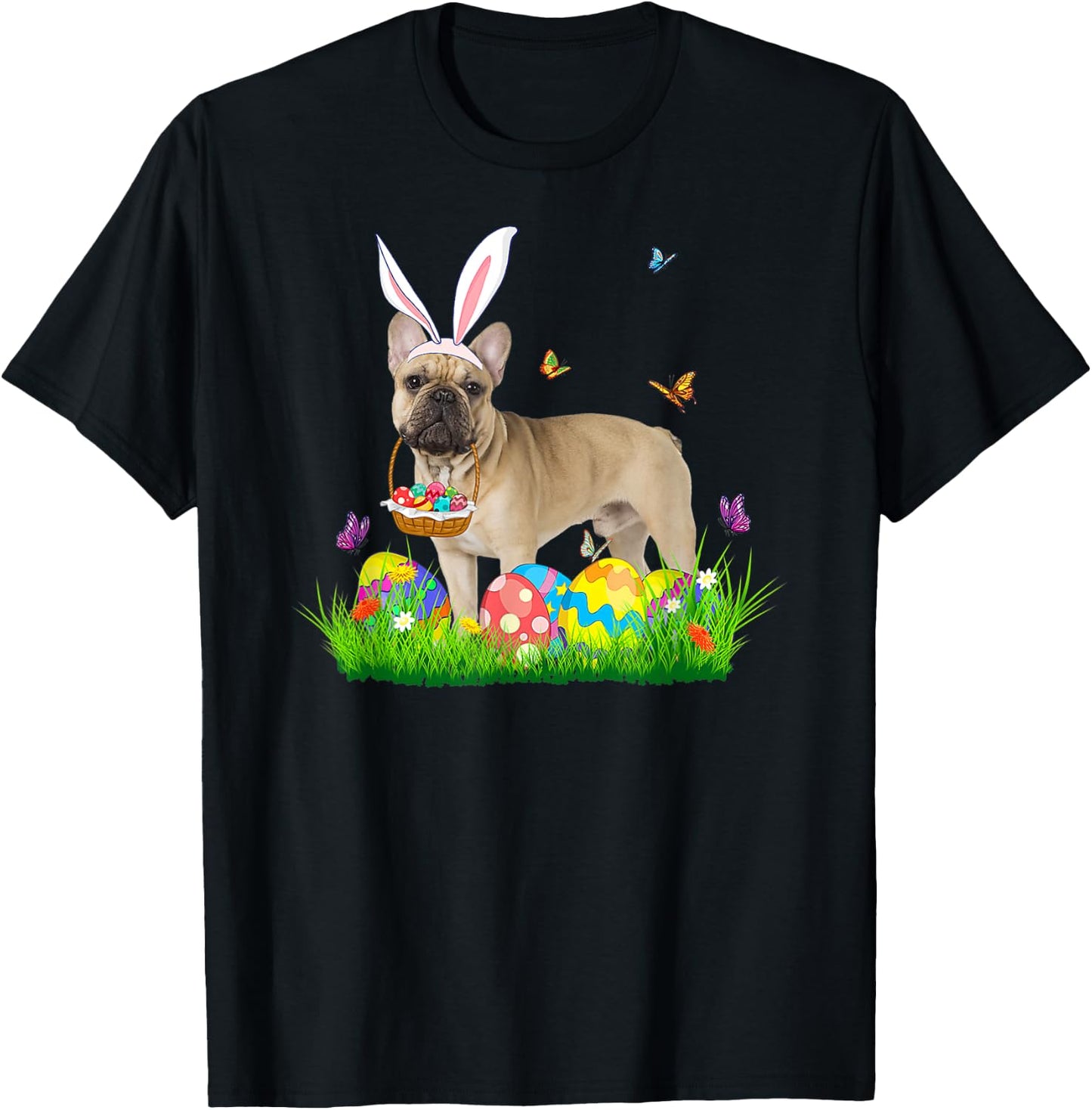Bunny French Bulldog With Egg Basket Easter Hunting Egg Men Women T-Shirt - T-Shirt | Black