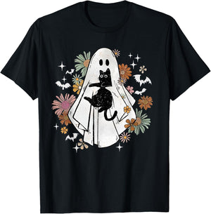 Spooky Ghost Holding Black Cat Groovy Floral Halloween Goth T-Shirt - T-Shirt | Black