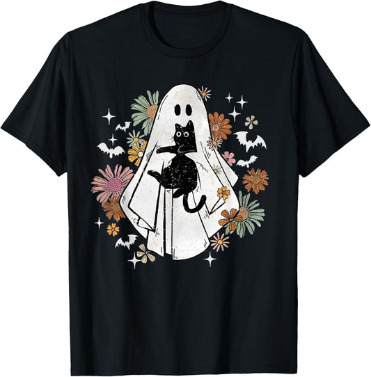 Spooky Ghost Holding Black Cat Groovy Floral Halloween Goth T-Shirt - T-Shirt | Black
