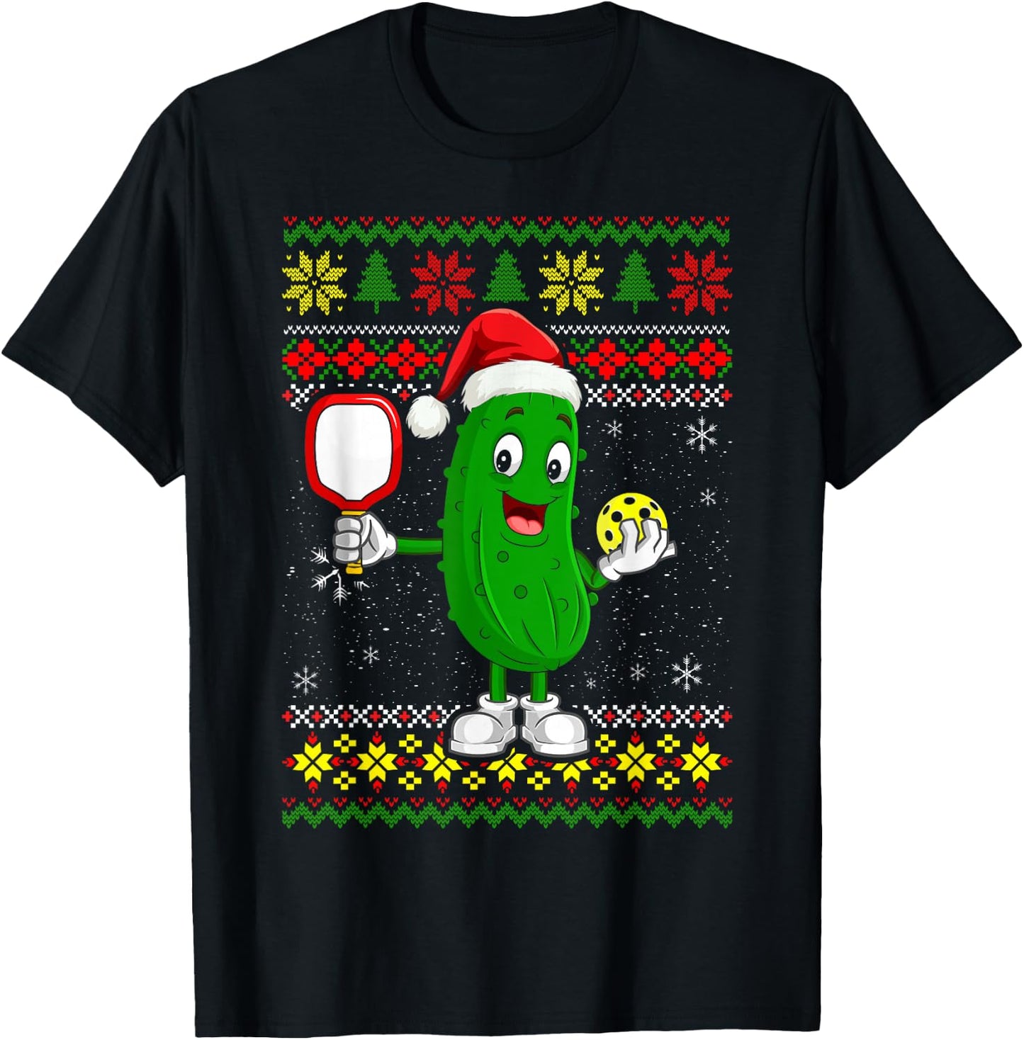 Pickleball Santa Claus Ugly Christmas Sweater Pattern T-Shirt - T-Shirt | Black