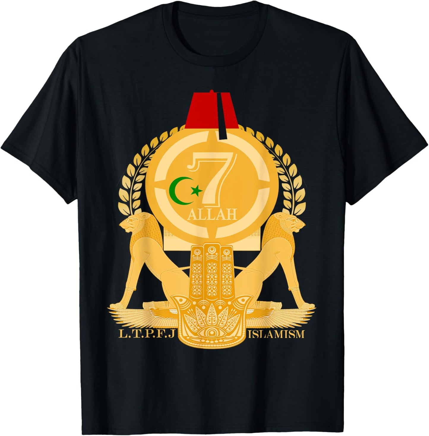 Moorish American Islamism With Hand Of Fatima Kemetic Lions T-Shirt - T-Shirt | Black