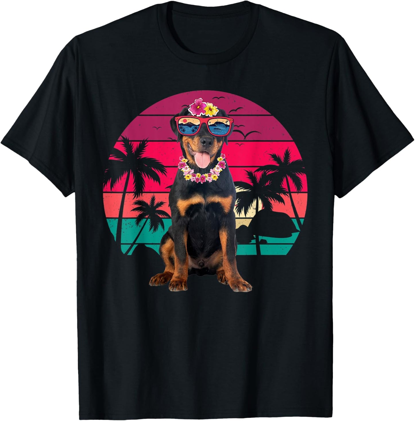 Retro Hawaiian Rottweiler Dog Tropical Floral Summer Vibes Men Women Kids T-Shirt - T-Shirt | Black