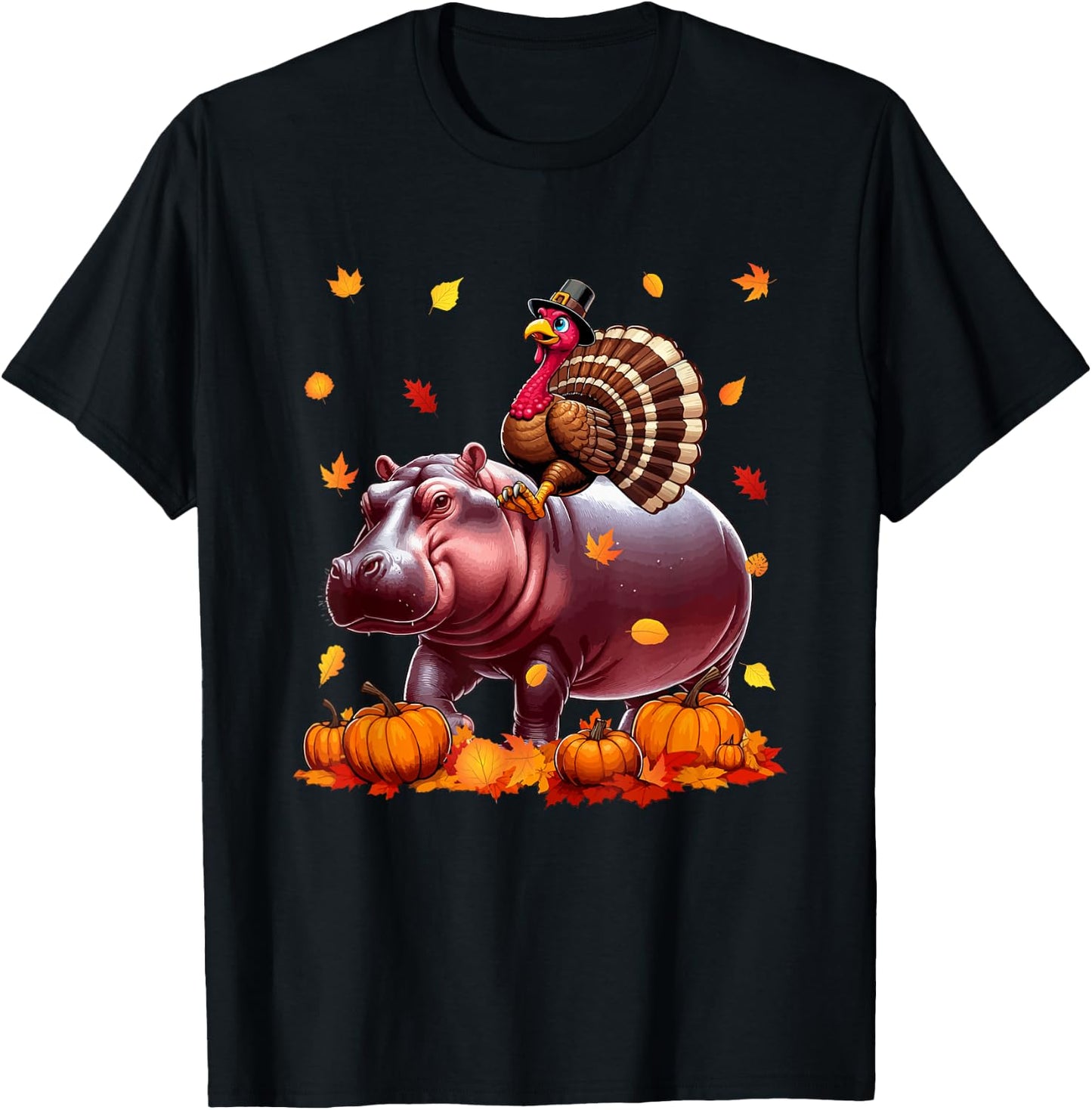 Turkey Riding Hippo Thanksgiving Fall Leaves Pumpkins T-Shirt - T-Shirt | Black