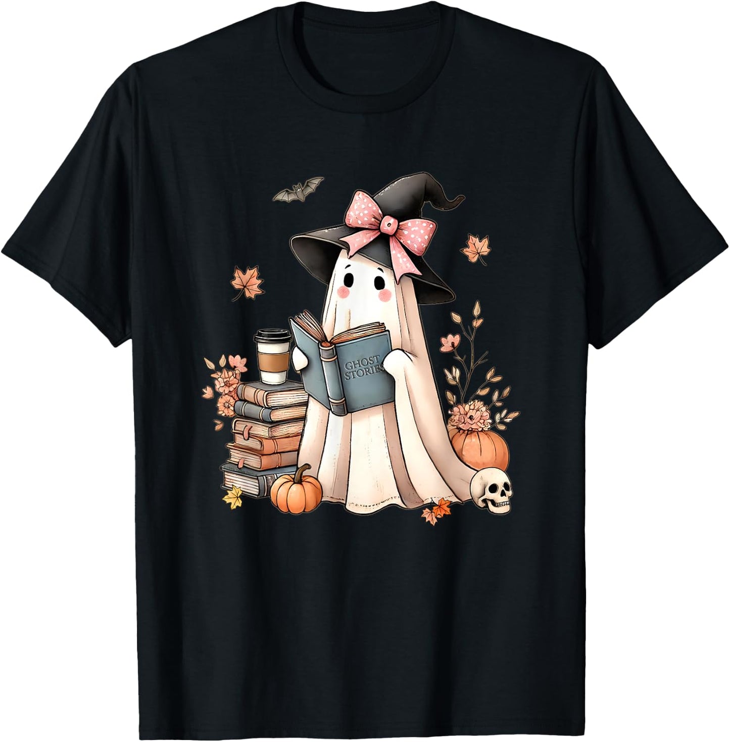 Cute Ghost Reading Book Librarian Book Lover T-Shirt - T-Shirt | Black