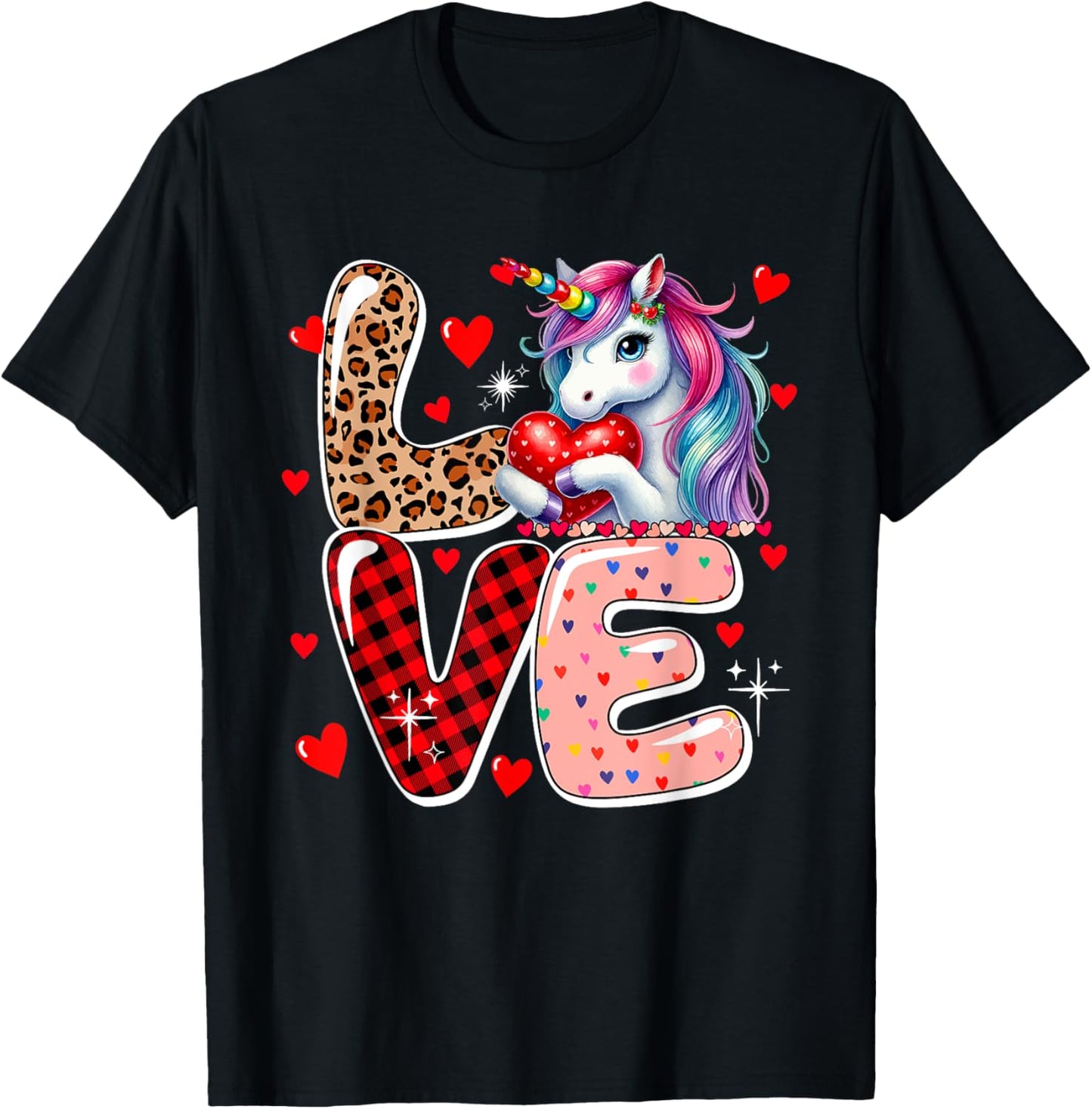 LOVE Unicorn Leopard Cute Hearts Valentine's Day Kid Toddler T-Shirt - T-Shirt | Black