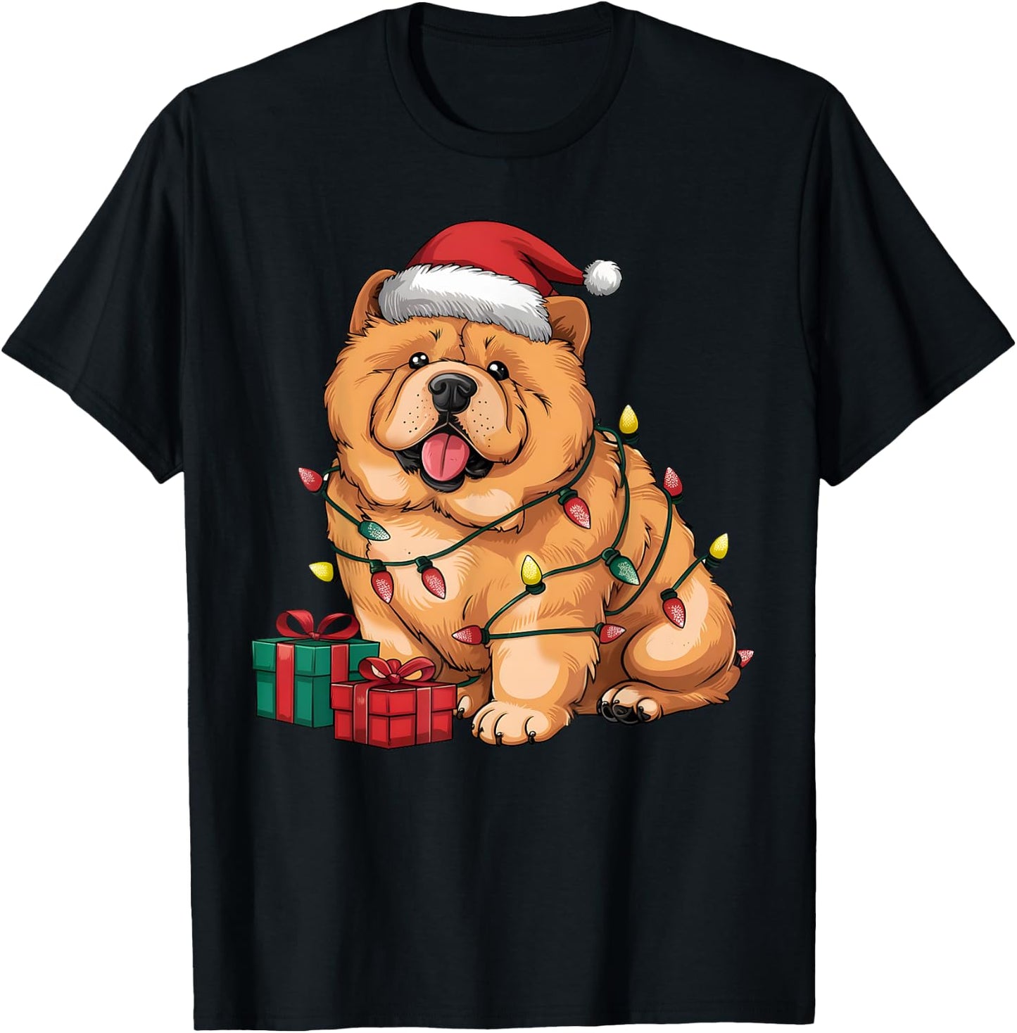 Xmas Lighting Santa Hat Chow Chow Dog Christmas Women Kids T-Shirt - T-Shirt | Black