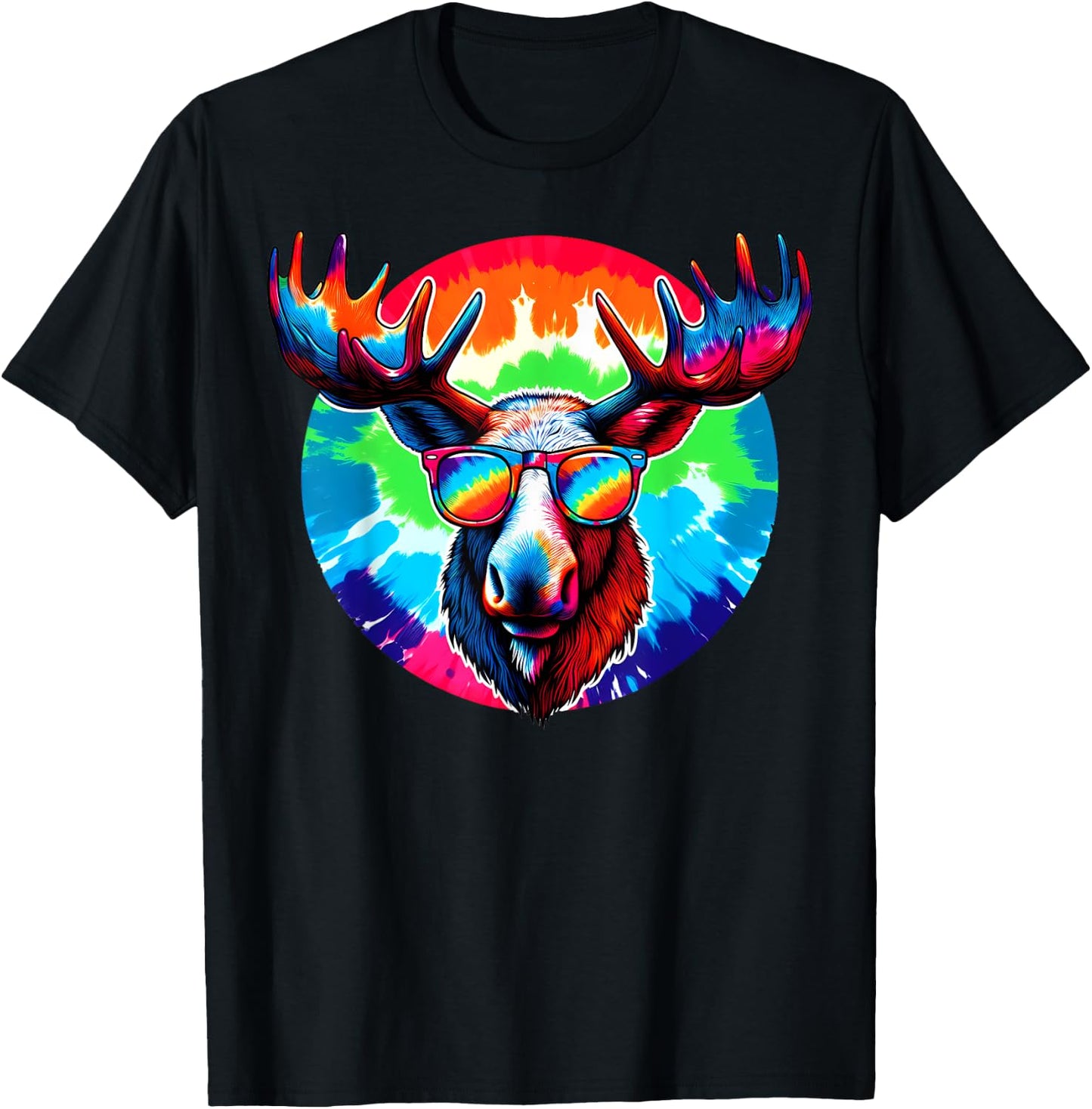 Cool Tie Dye Sunglasses Moose Illustration Art T-Shirt - T-Shirt | Black