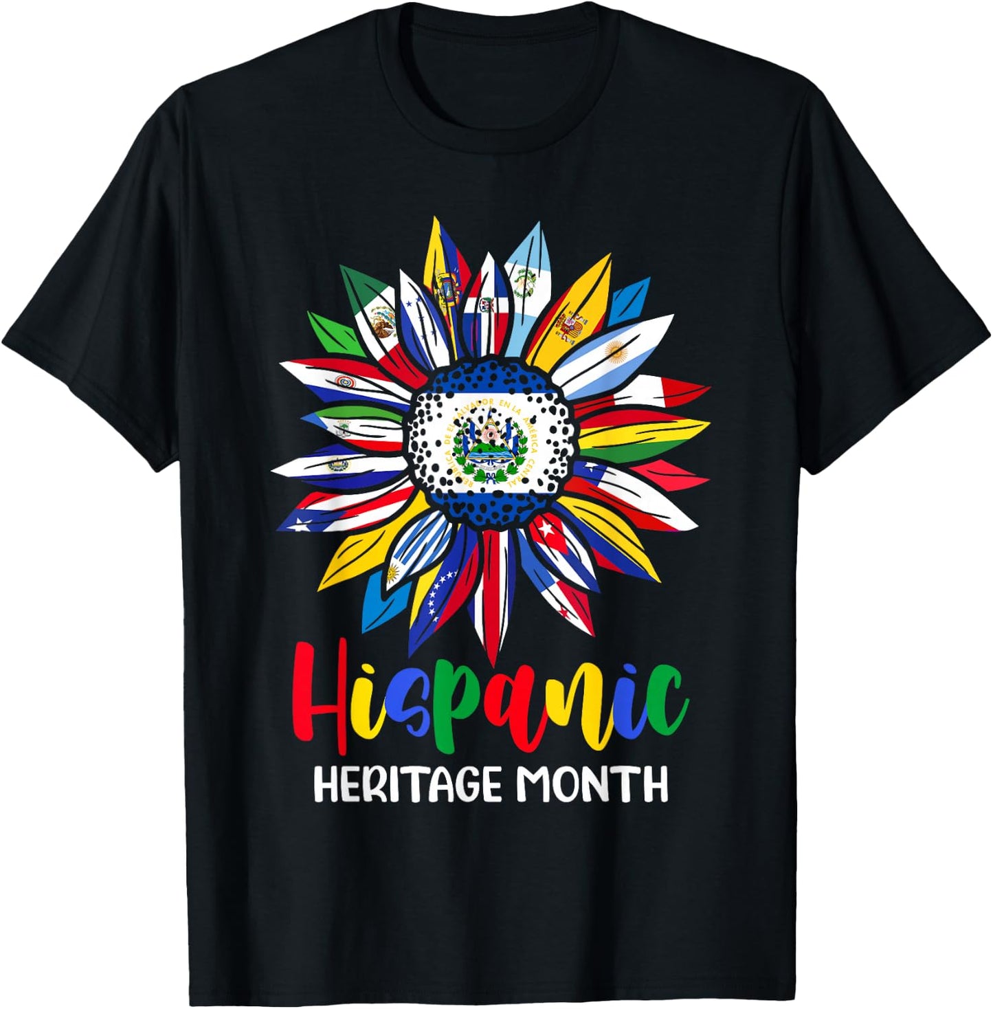 Hispanic Heritage Month El Salvador Flag Sunflower Latino T-Shirt - T-Shirt | Black