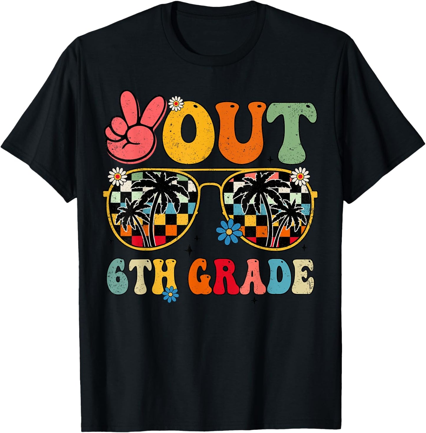 Peace Out 6th Grade Retro Groovy Summer Sunglasses Kids T-Shirt - T-Shirt | Black
