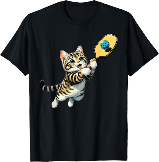 Funny Kitten Playing Pickleball Cute Cat Pickleball Player T-Shirt - T-Shirt | Black