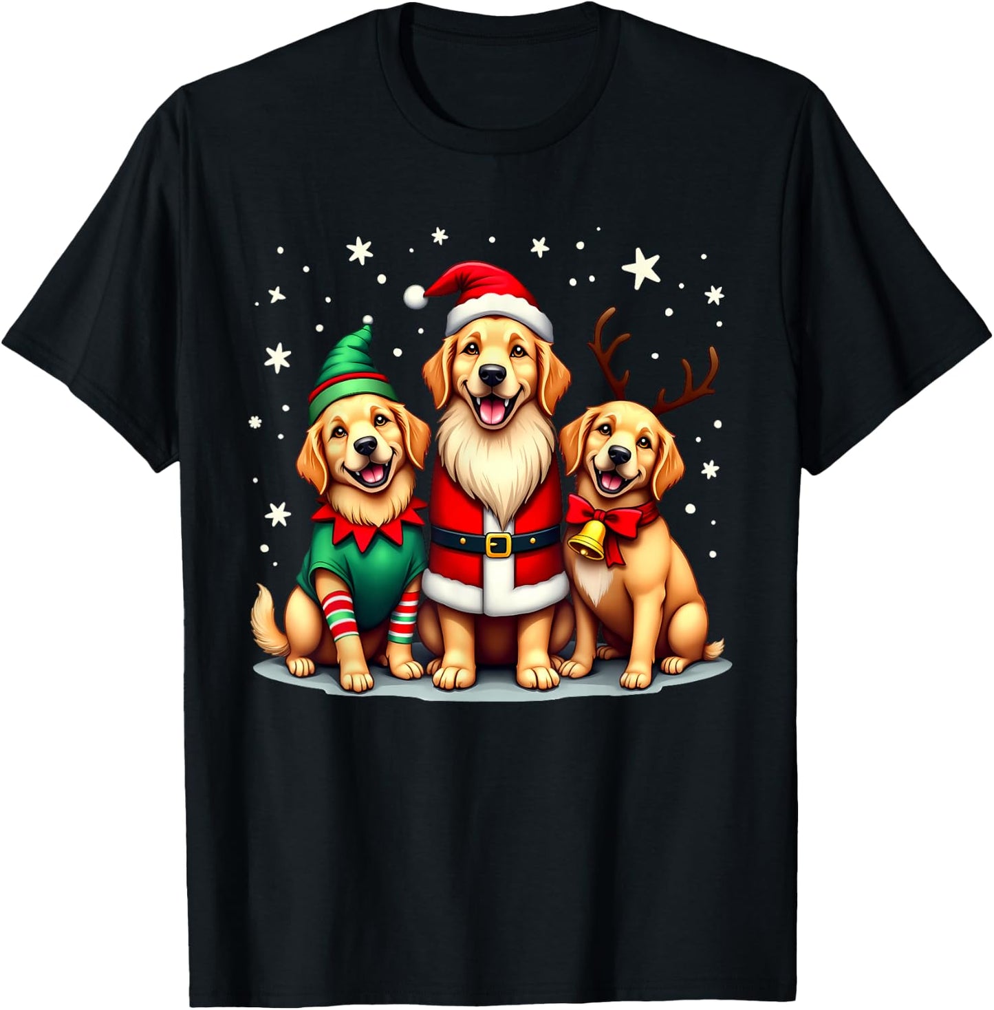 Golden Retriever Christmas Dogs Funny Santa Reindeer Elf T-Shirt - T-Shirt | Black