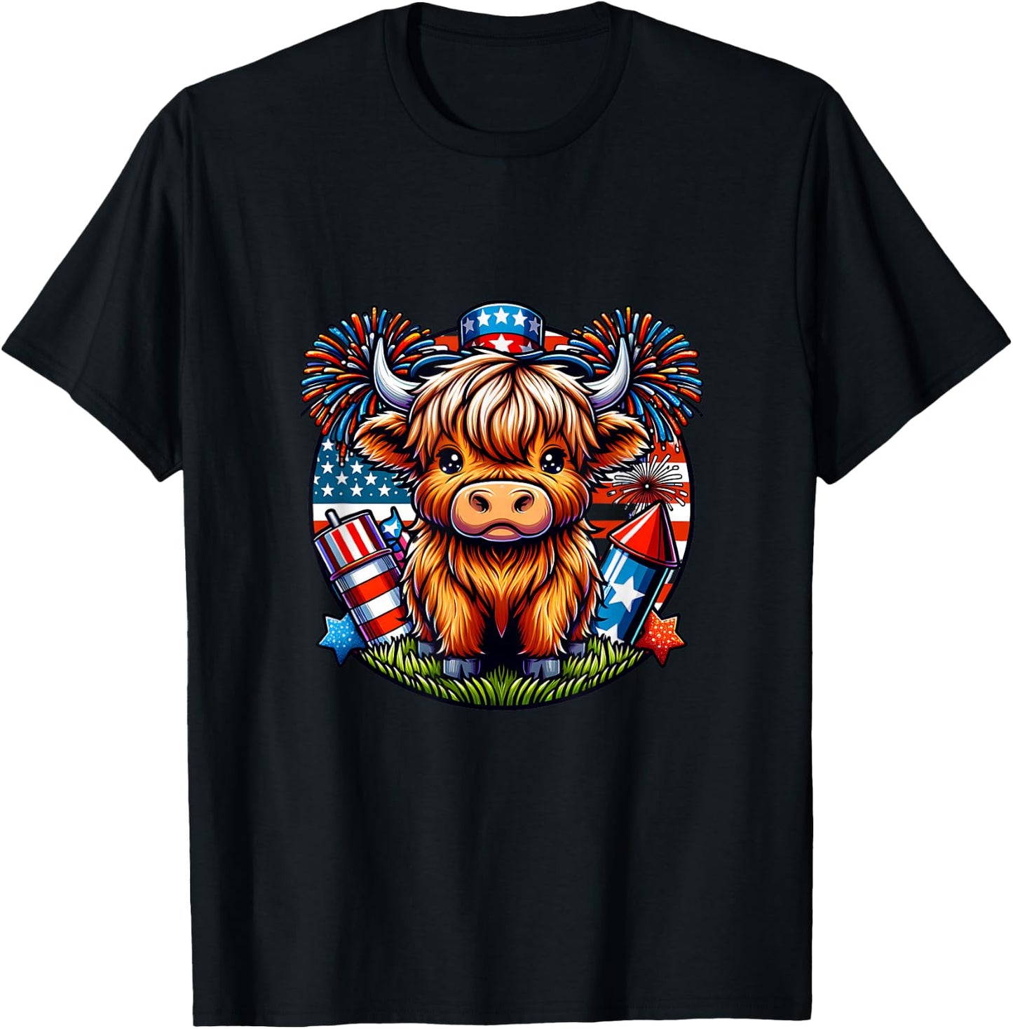 4th of July Highland Cow Patriotic Cute Cow Farmer T-Shirt - T-Shirt | Black