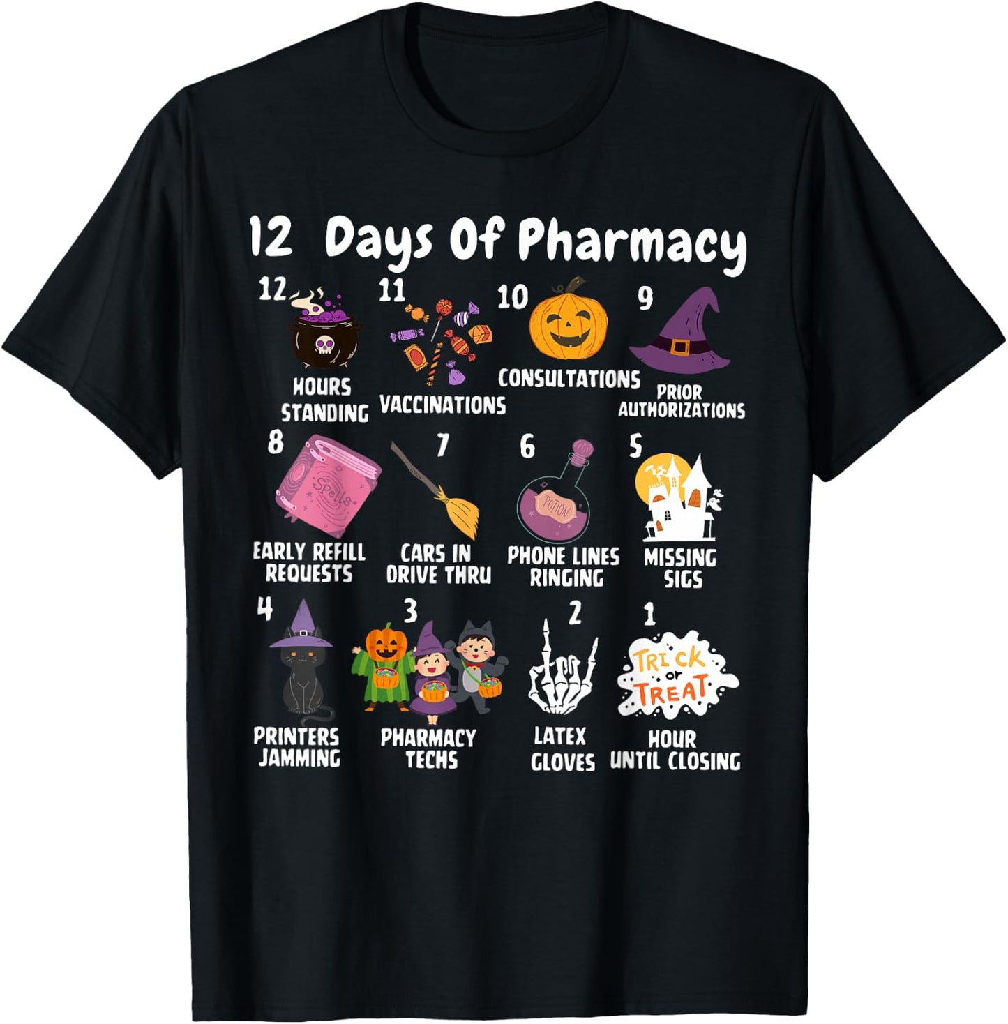 12 Days Of Pharmacy Halloween Pharmacists Tech Spooky Season T-Shirt - T-Shirt | Black