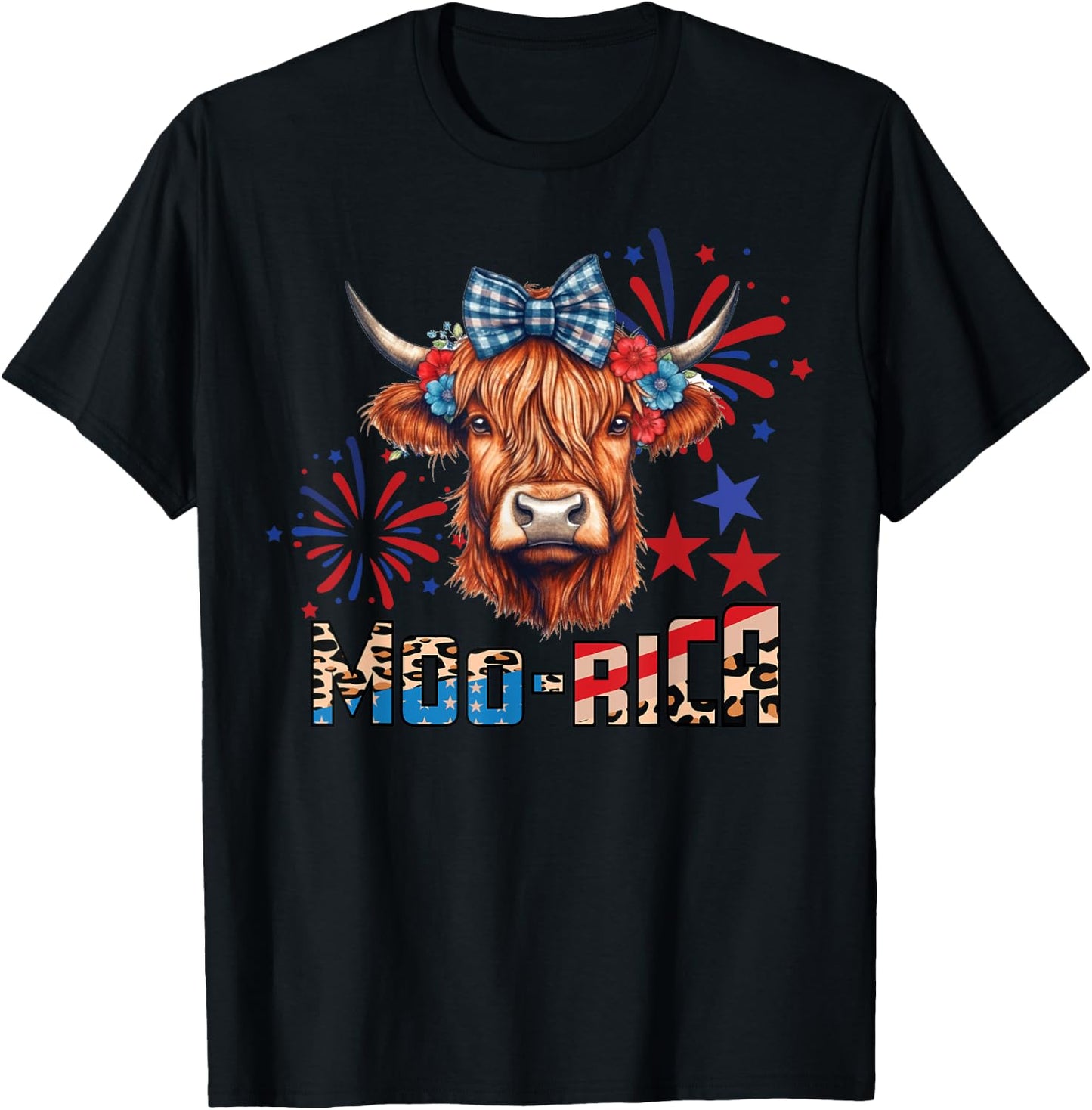 Moo-Rica Highland Cow 4th of July Memorial Day Patriotic Cow T-Shirt - T-Shirt | Black