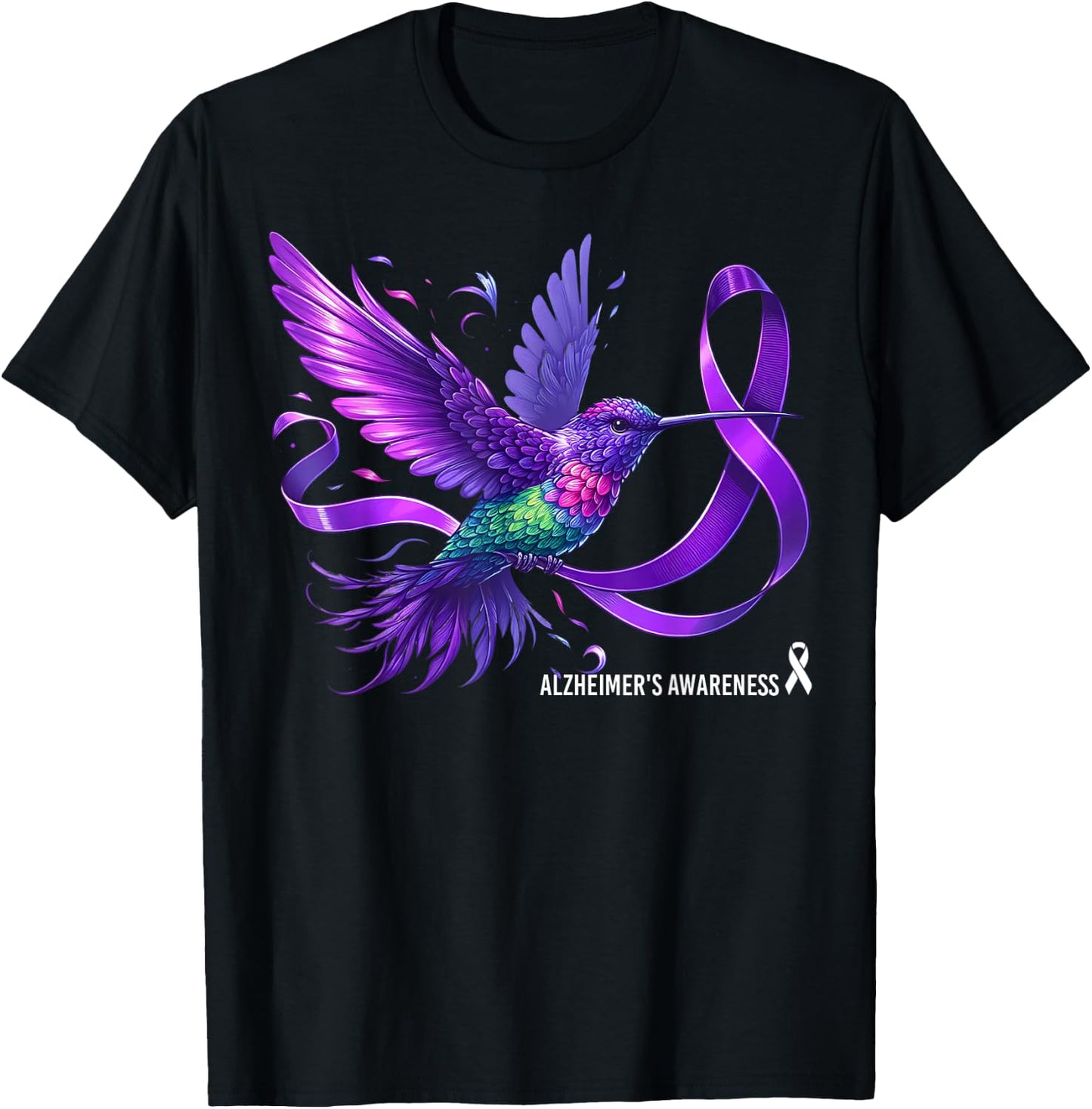 Hummingbird Holding Purple Ribbon Alzheimer's Awareness T-Shirt - T-Shirt | Black