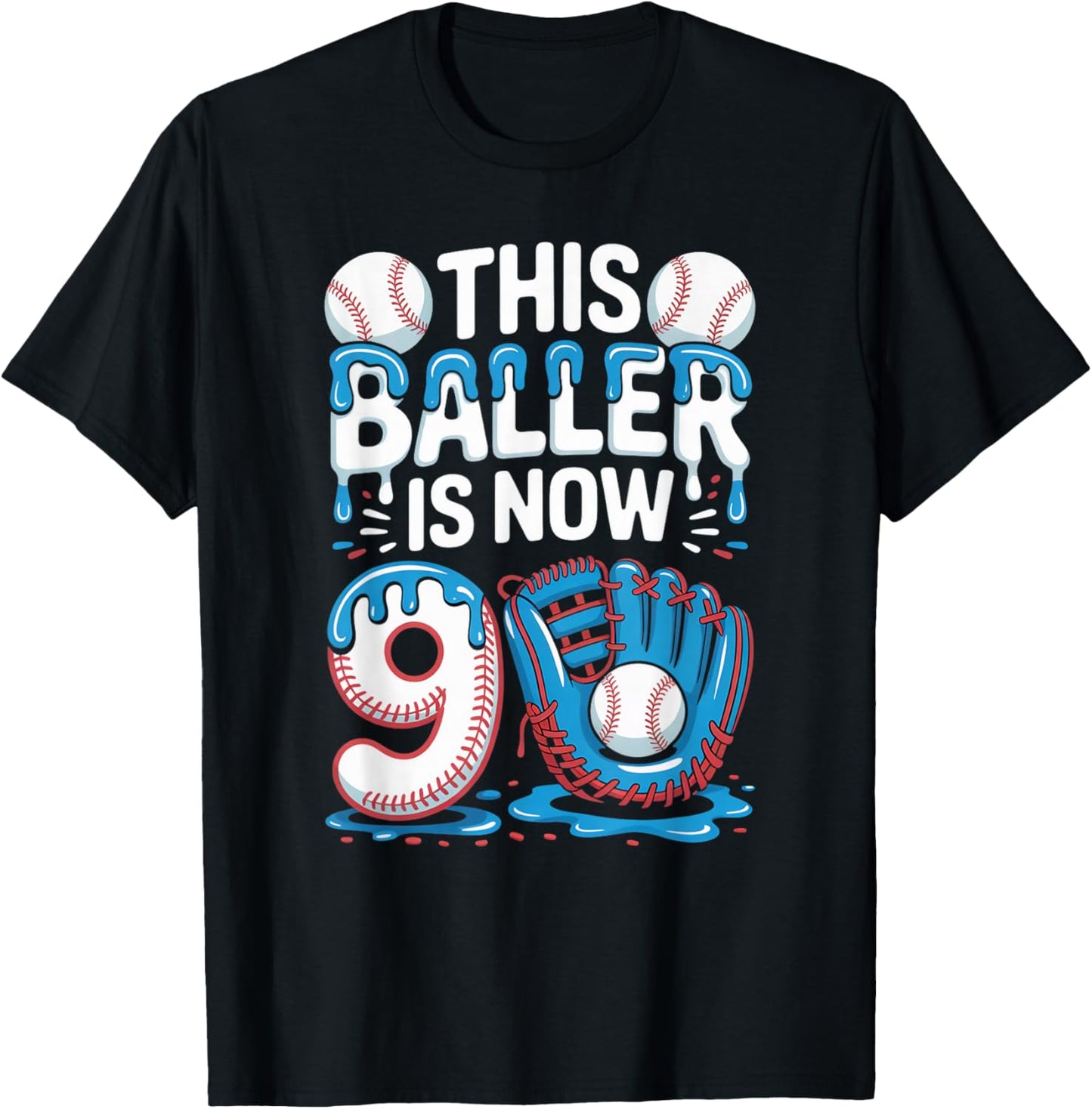 This Baller Is Now 9 Ice Cream Drip Kids Game Baseball Drip T-Shirt - T-Shirt | Black