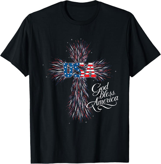 USA God Bless America Patriotic Fireworks Cross Women Men T-Shirt - T-Shirt | Black