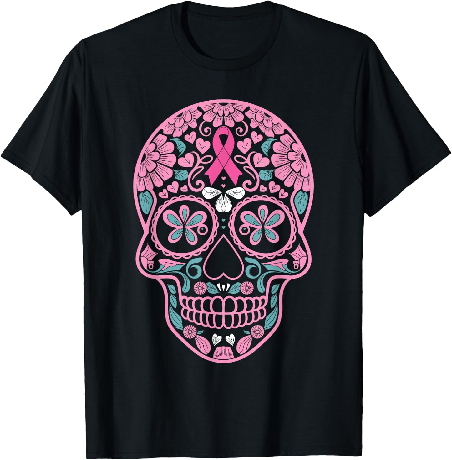 Breast Cancer Awareness Pink Sugar Skull Ribbon Calavera T-Shirt - T-Shirt | Black