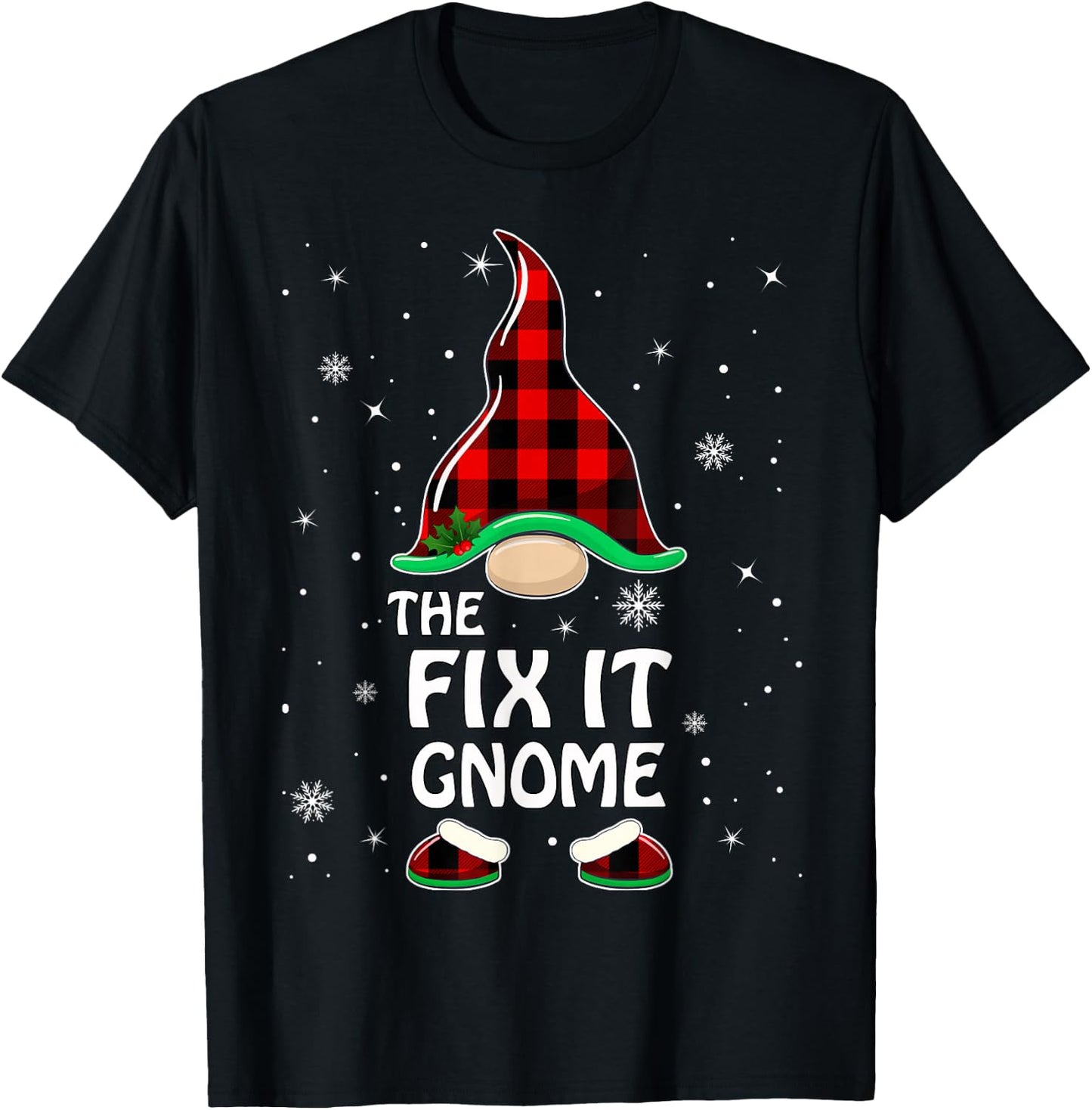 Fix It Gnome Buffalo Plaid Matching Family Christmas Pajama T-Shirt - T-Shirt | Black