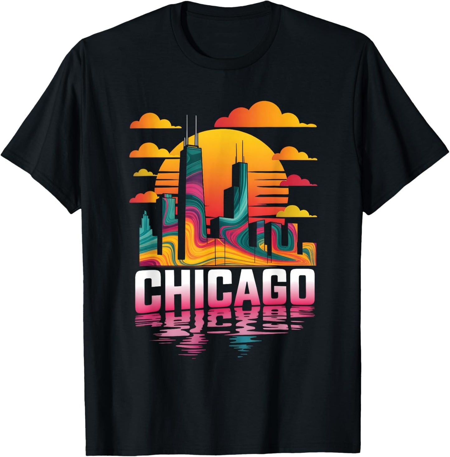 Chicago City Skyline Retro Sunset Illinois Travel Souvenir T-Shirt - T-Shirt | Black