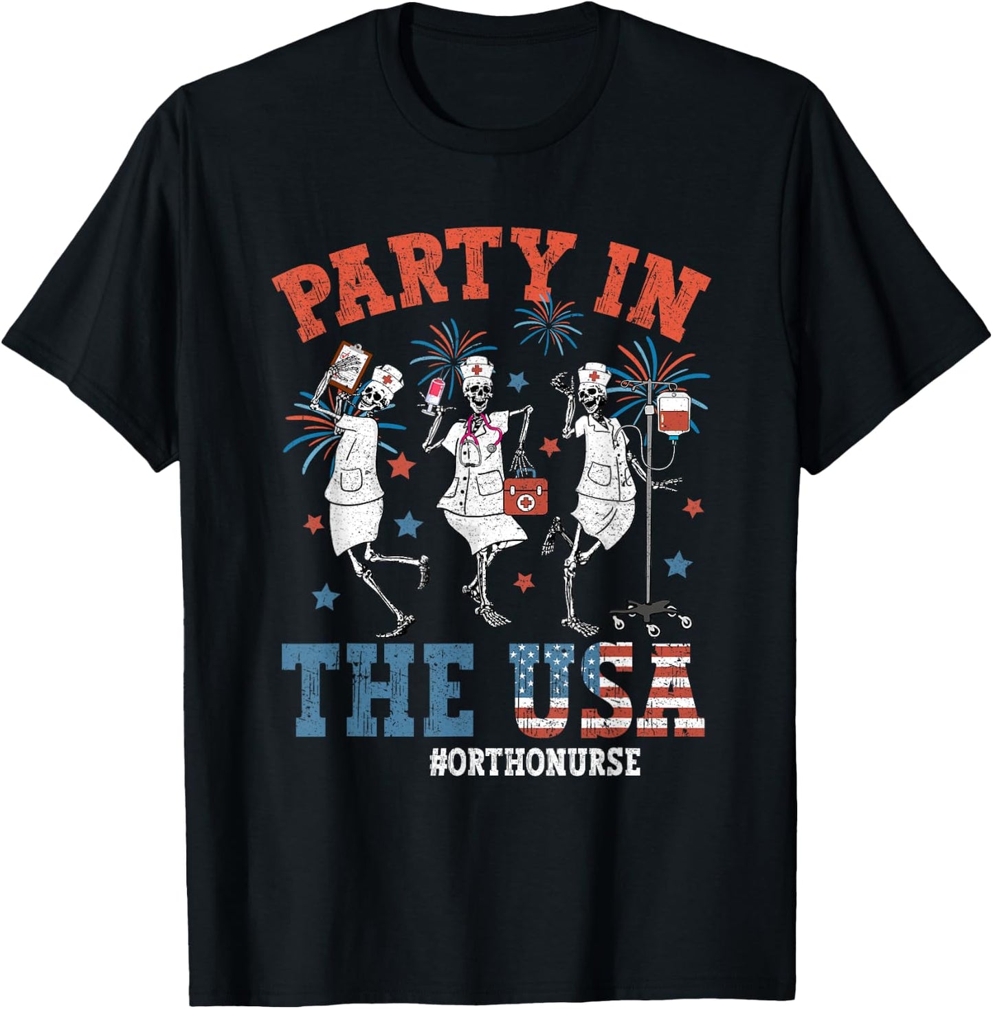 Vintage Skeleton Ortho nurse Funny 4th Of July Gifts Women Men T-Shirt - T-Shirt | Black