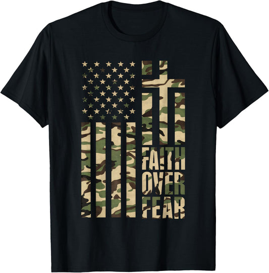 Christian USA Flag Cross Back Print Faith Over Fear Top T-Shirt - T-Shirt | Black