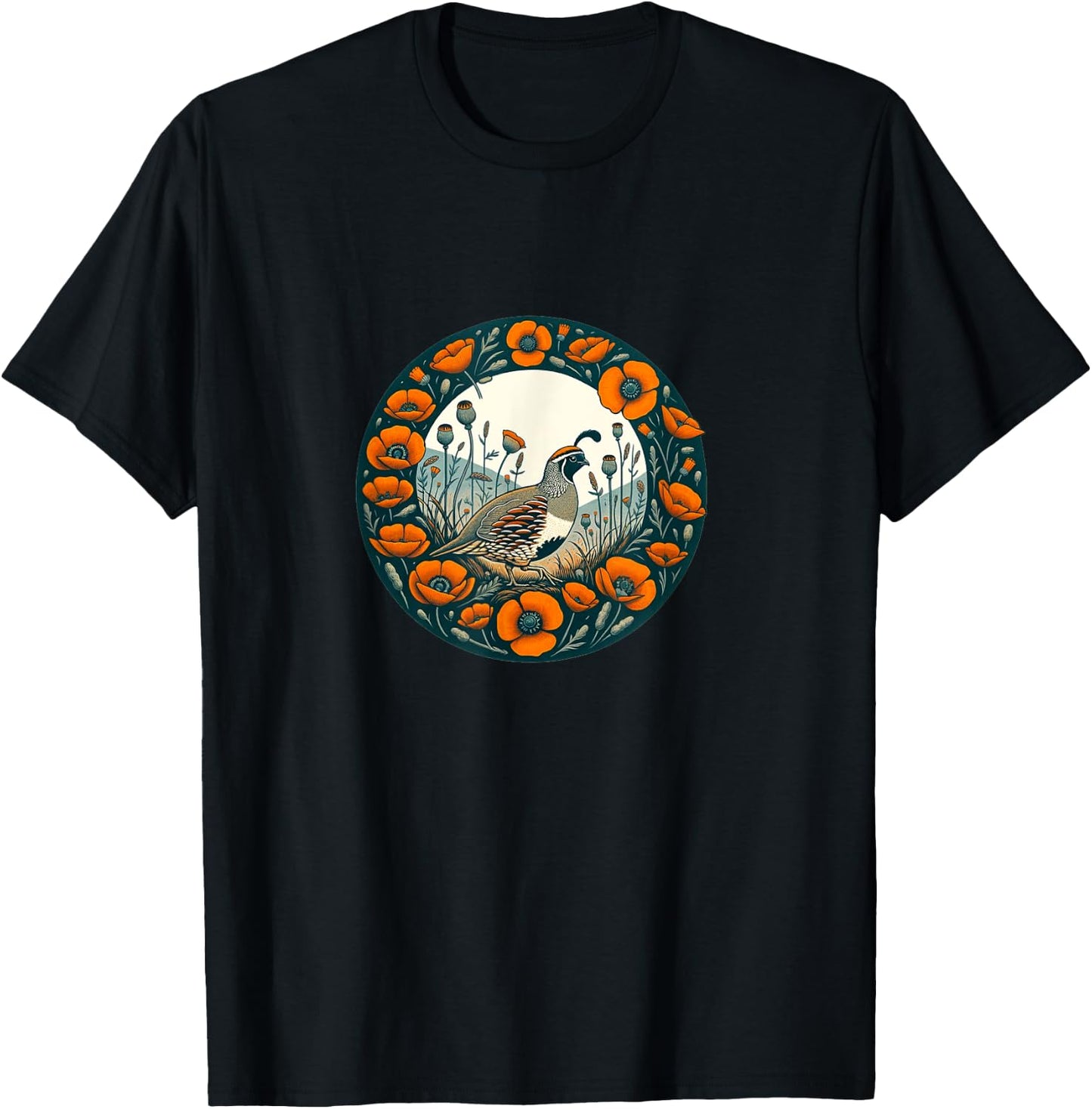 California Poppy and California quail State bird T-Shirt - T-Shirt | Black