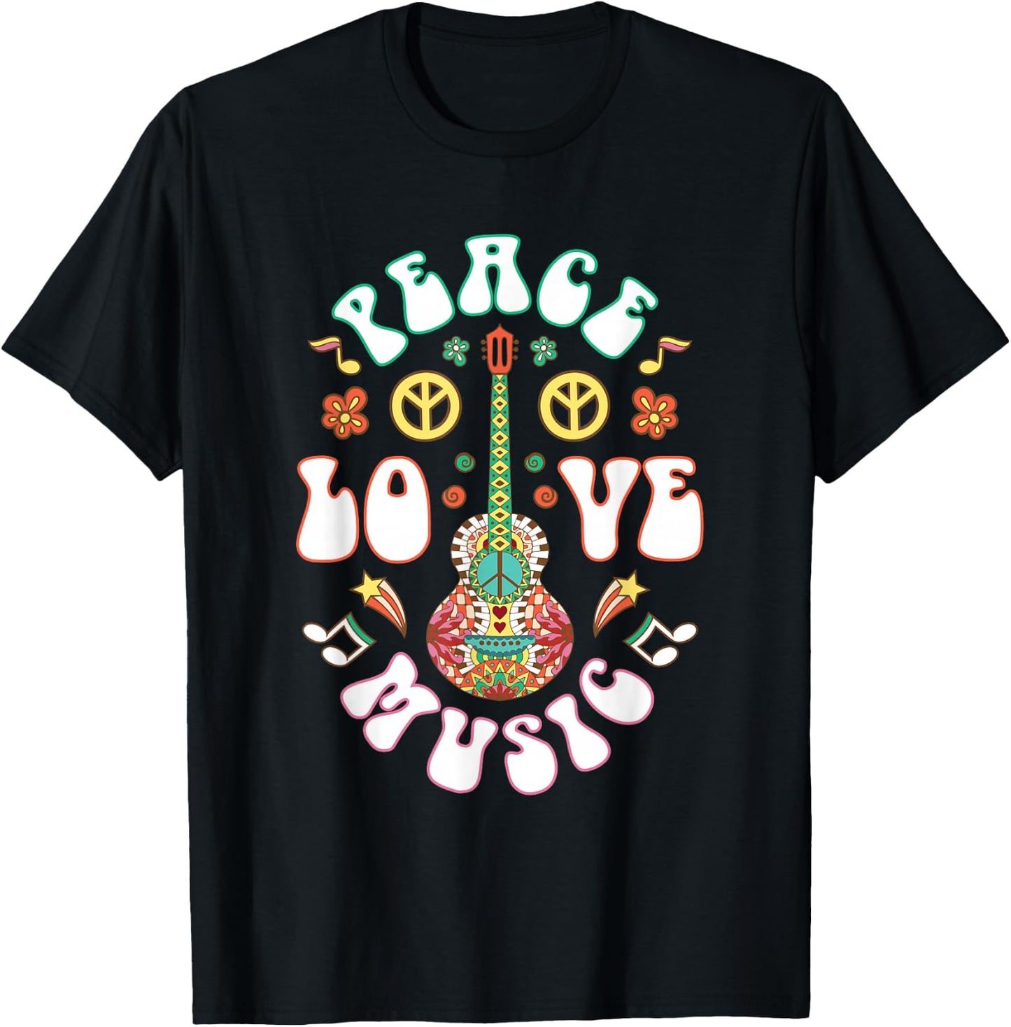 Hippie Hippies Peace Love Music Guitar Retro Hippy Gift T-Shirt - T-Shirt | Black