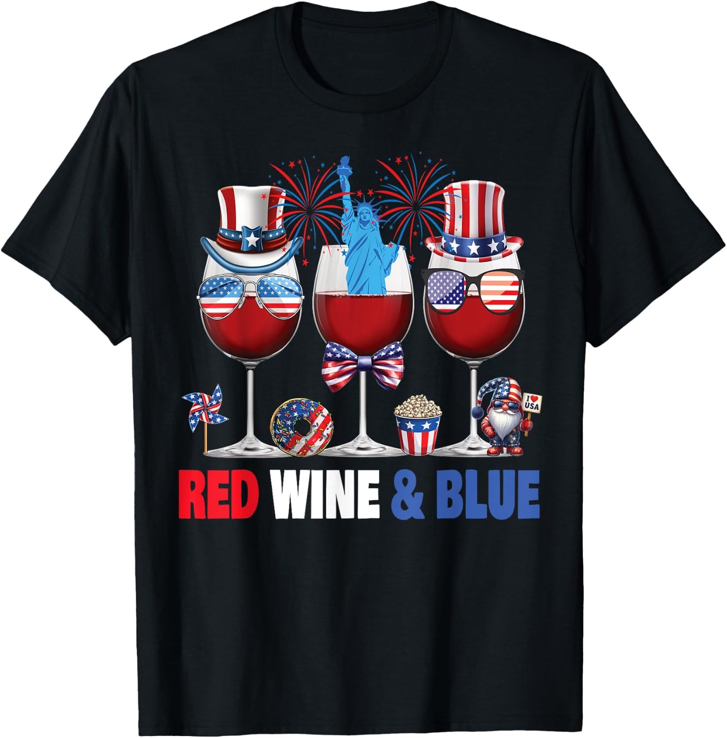 Red Wine Blue Wine Glasses Patriotic USA Flag 4th of July Women Men T-Shirt - T-Shirt | Black