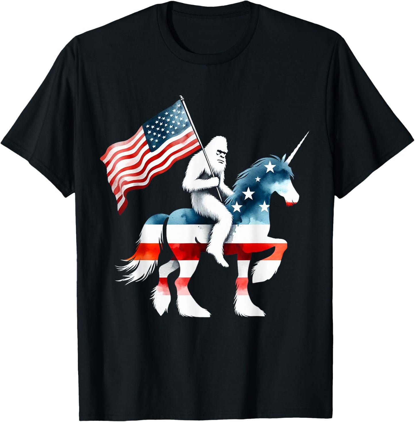 Patriotic Bigfoot Riding Unicorn American Flag 4th Of July Women Kids Men T-Shirt - T-Shirt | Black
