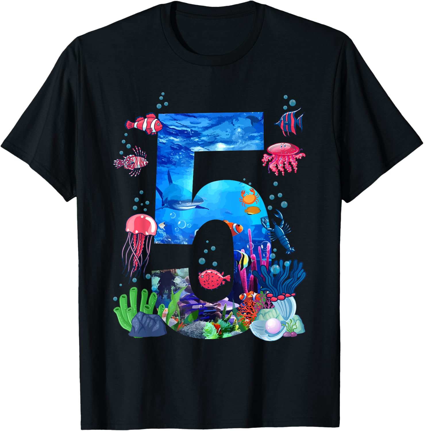 5th Birthday Party Ocean 5 Year Old Sea Fish Aquarium Boy T-Shirt - T-Shirt | Black