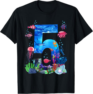 5th Birthday Party Ocean 5 Year Old Sea Fish Aquarium Boy T-Shirt - T-Shirt | Black
