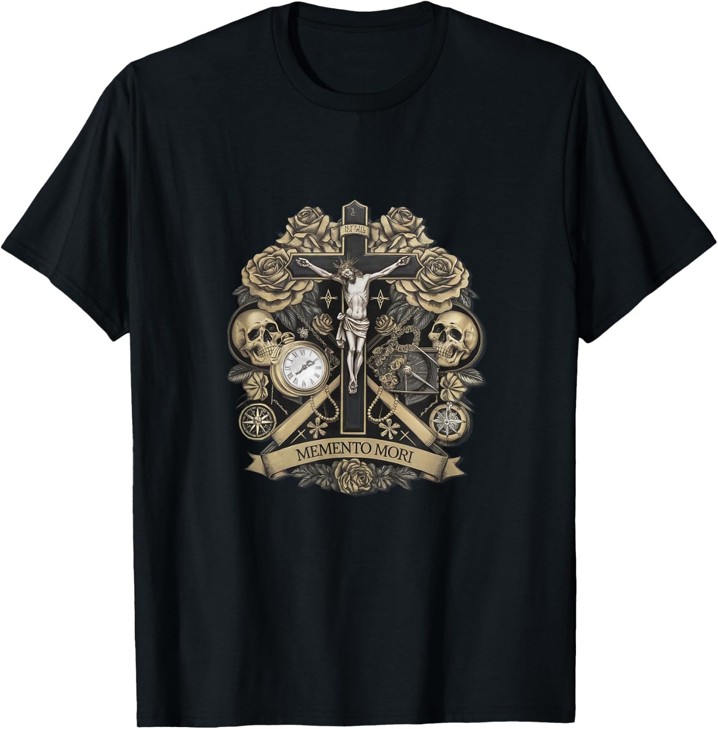 Memento Mori Catholic Crucifix Traditional Latin Mass Skull T-Shirt - T-Shirt | Black
